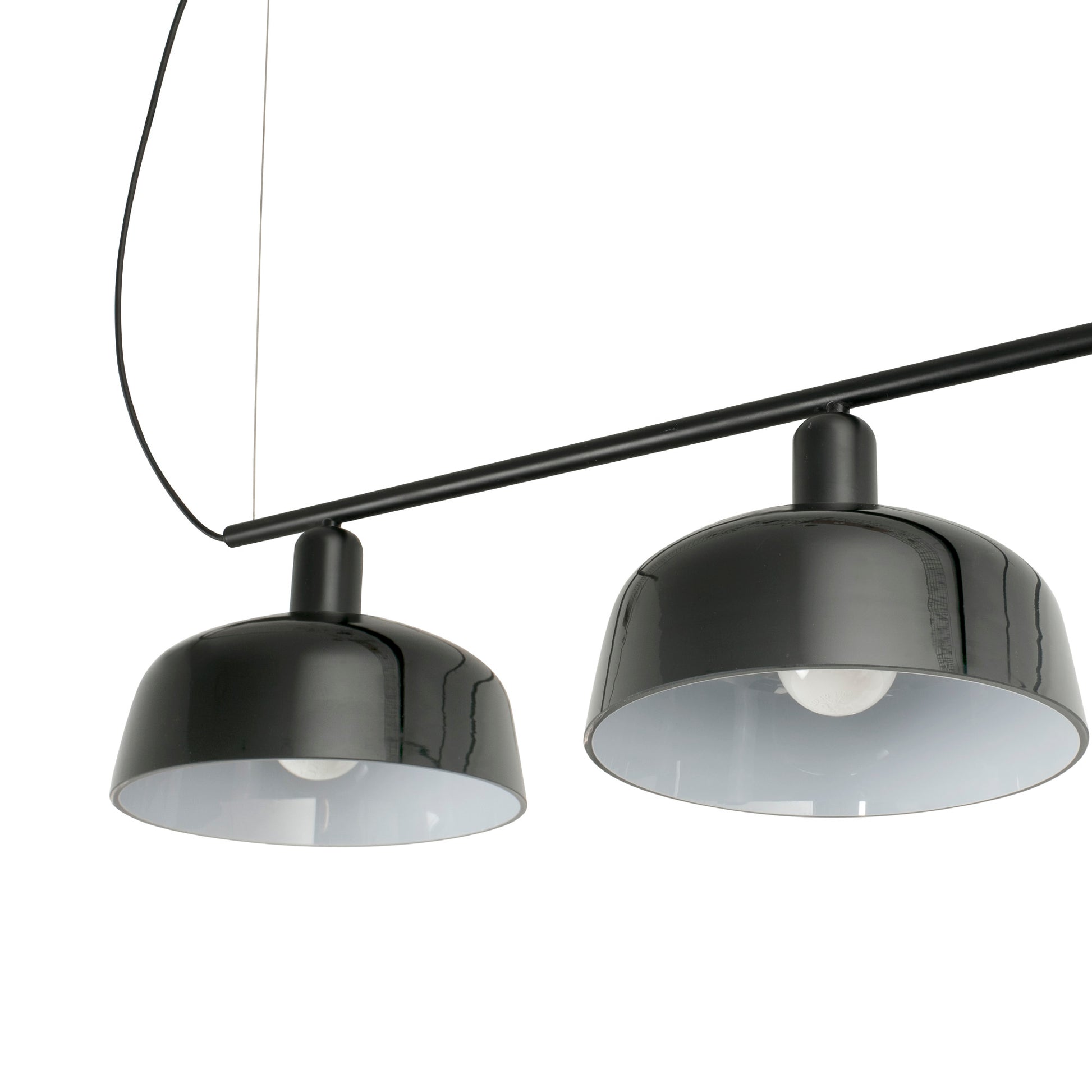 Close up of shades on Faro Barcelona Tatawin medium 3 light linear pendant in Black