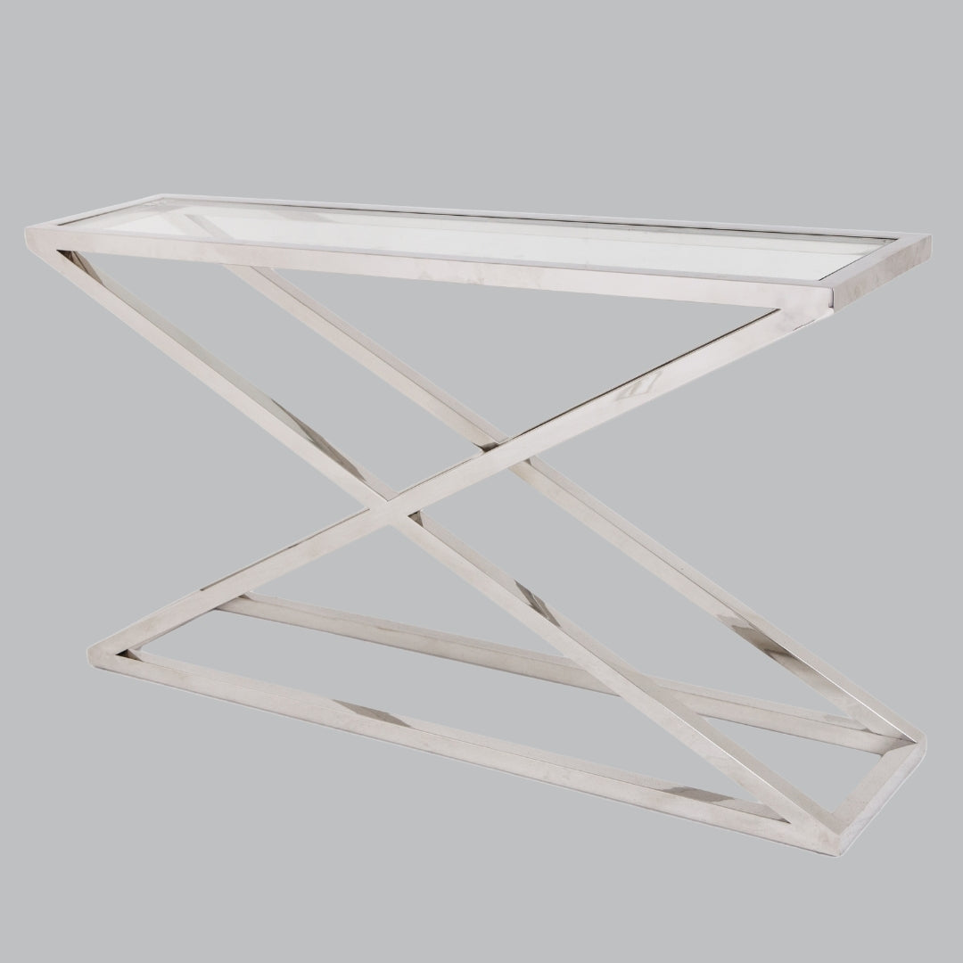 Table console Apollo en nickel poli et verre