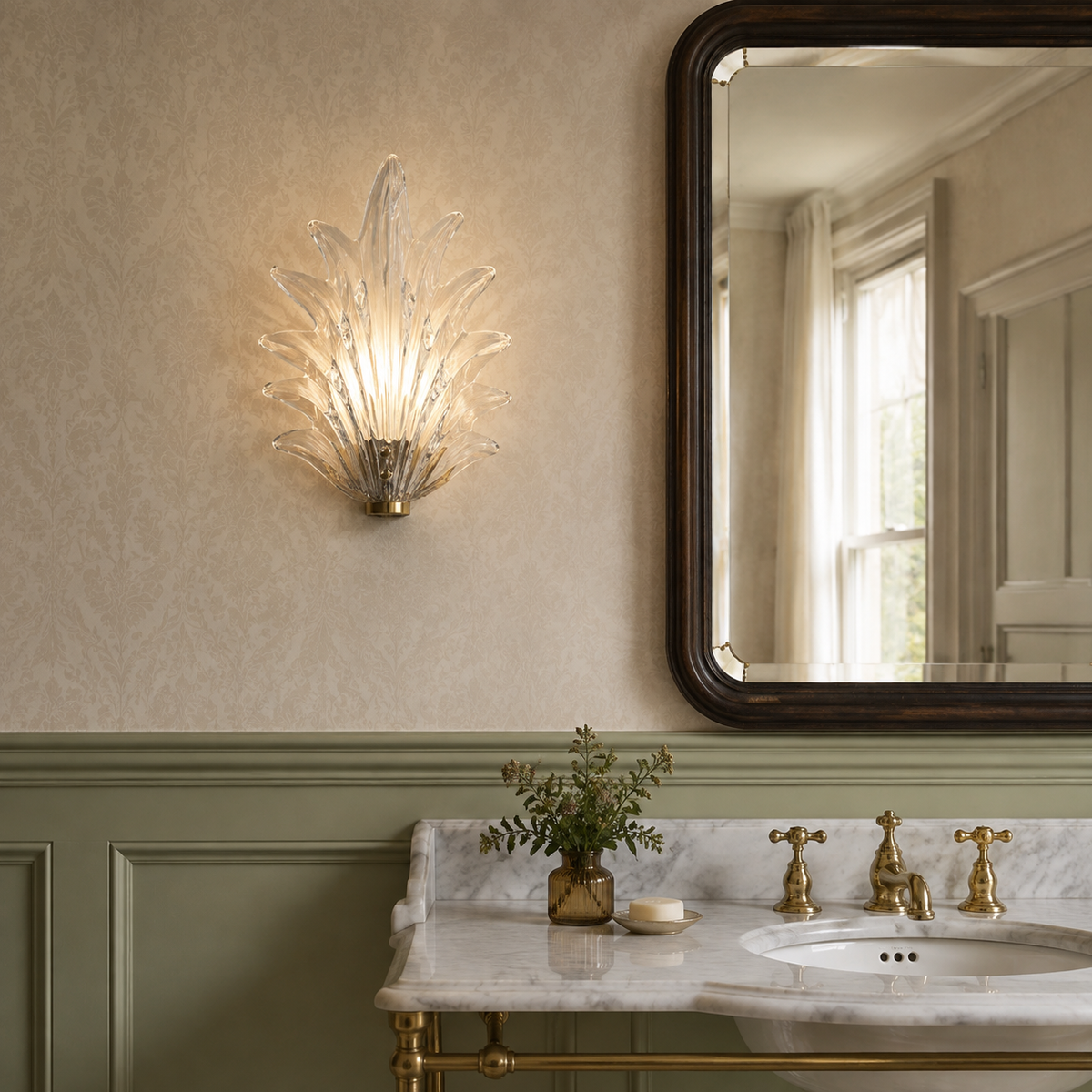A modern wall-mounted sconce with a gold-toned base and clear glass petal-like rays, illuminated on a beige wall above a marble sink with brass fixtures and a dark wood mirror.