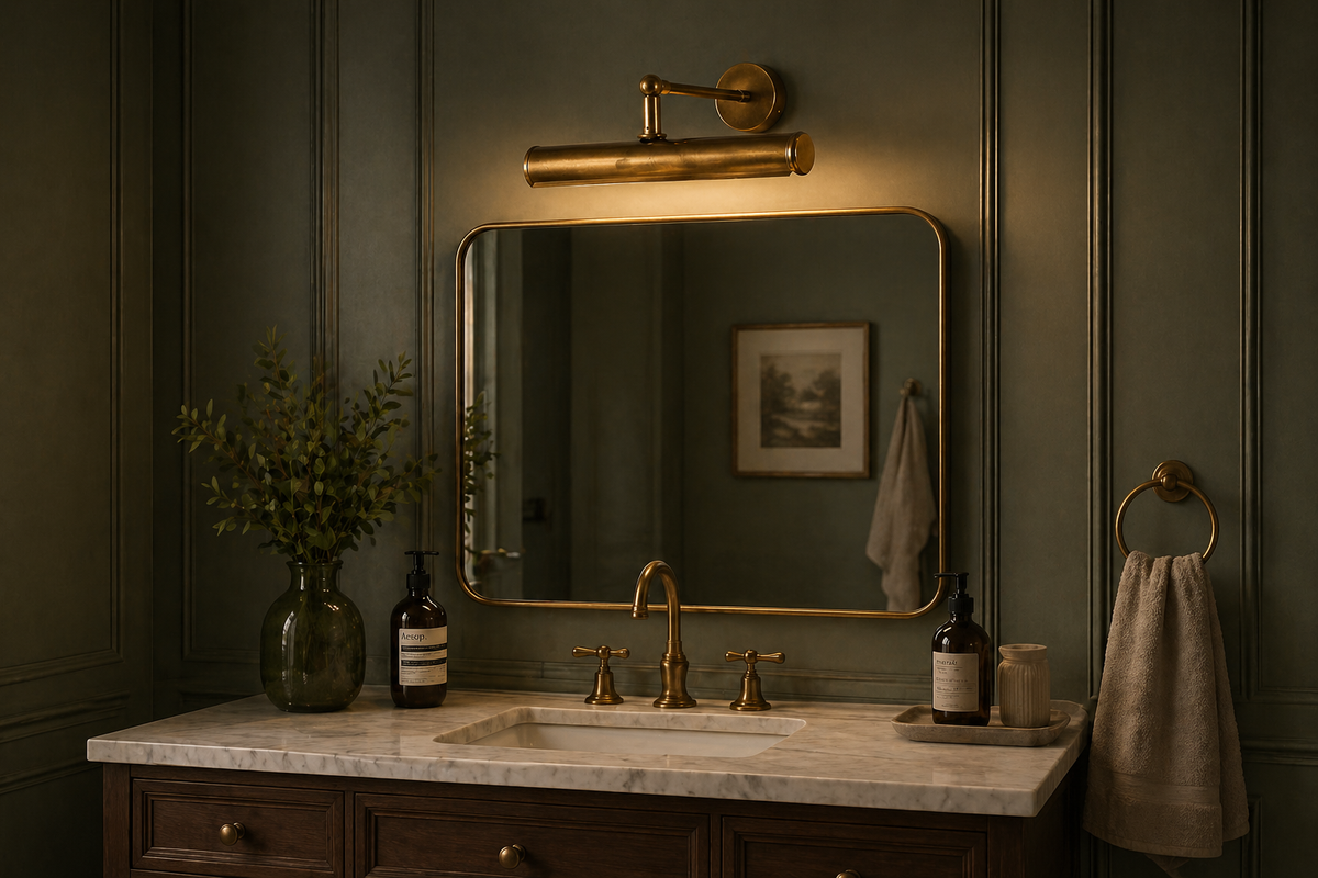 Bathroom vanity with gold fixtures, mirror, and decorative elements.