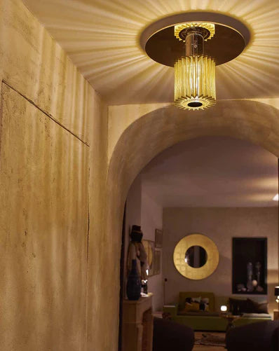 DCW Editions In The Sun Wall Light 270 Gold Base and gold Shade on Ceiling in Hallway