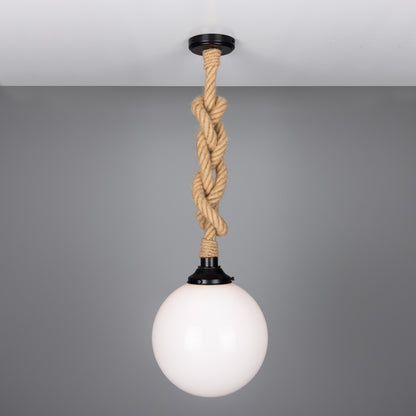 Suspension en corde de jute des Açores avec globe en verre opale 30 cm IP44