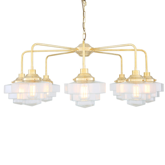 Siena Art Deco Brass Chandelier, Eight-Light