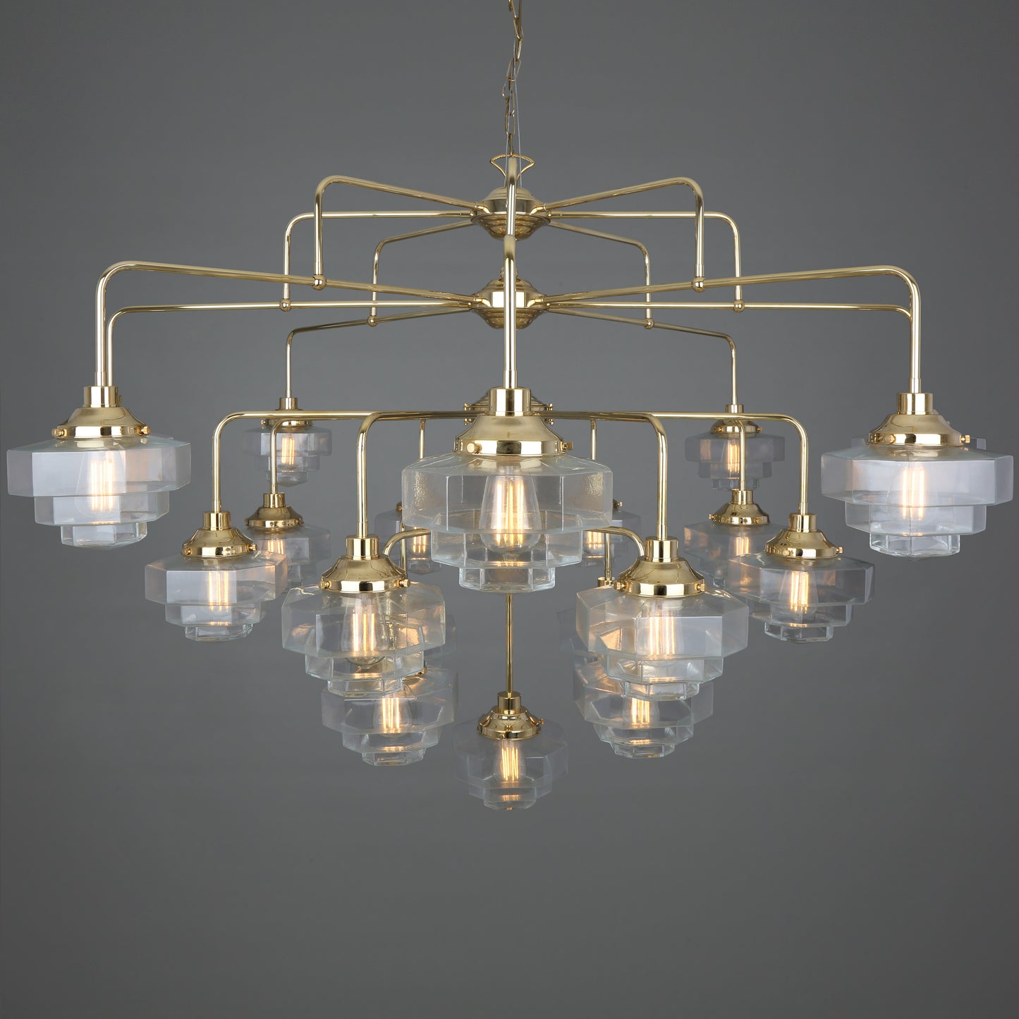 Lustre Art Déco Siena à quatre niveaux en laiton, 21 lumières