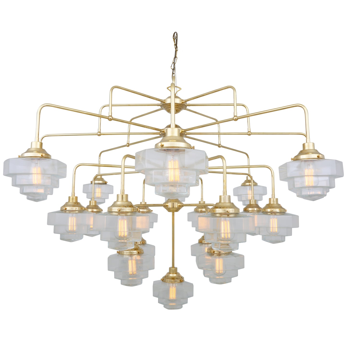 Lustre Art Déco Siena à quatre niveaux en laiton, 21 lumières