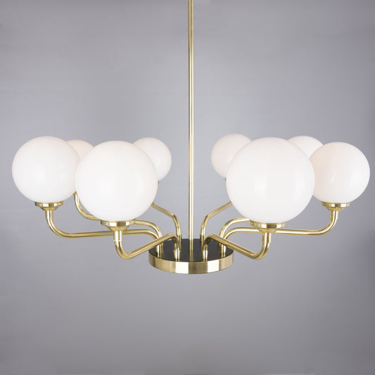 Branford Opal Glass Globe Brass Chandelier, Eight-Arm