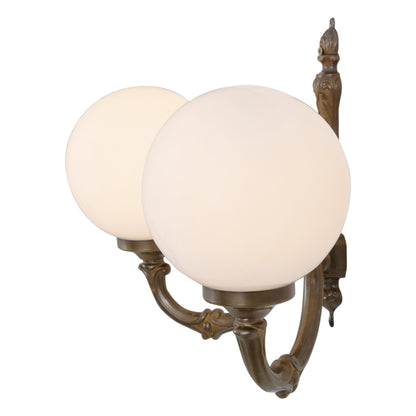 Ben Two-Arm Ornate Brass Wall Light with Opal Glass Globes