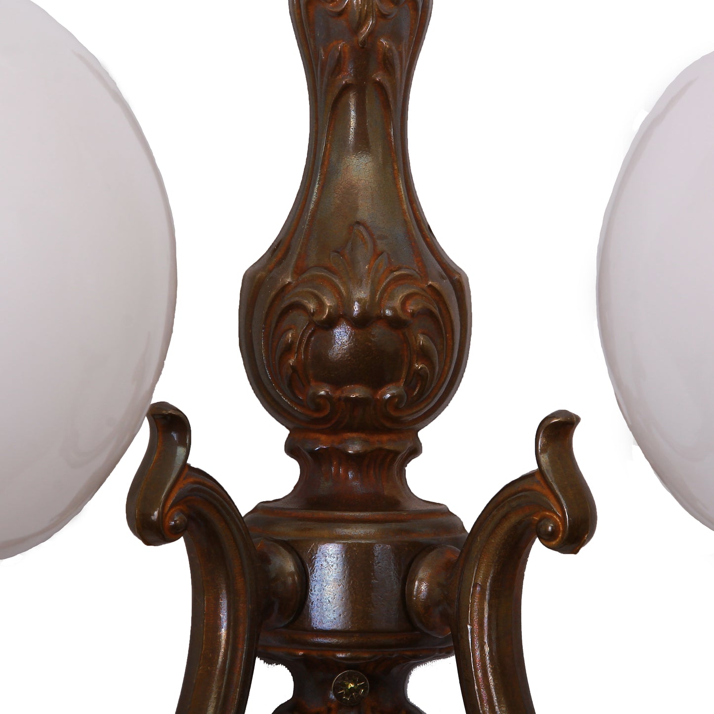 Ben Two-Arm Ornate Brass Wall Light with Opal Glass Globes