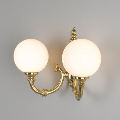 Ben Two-Arm Ornate Brass Wall Light with Opal Glass Globes