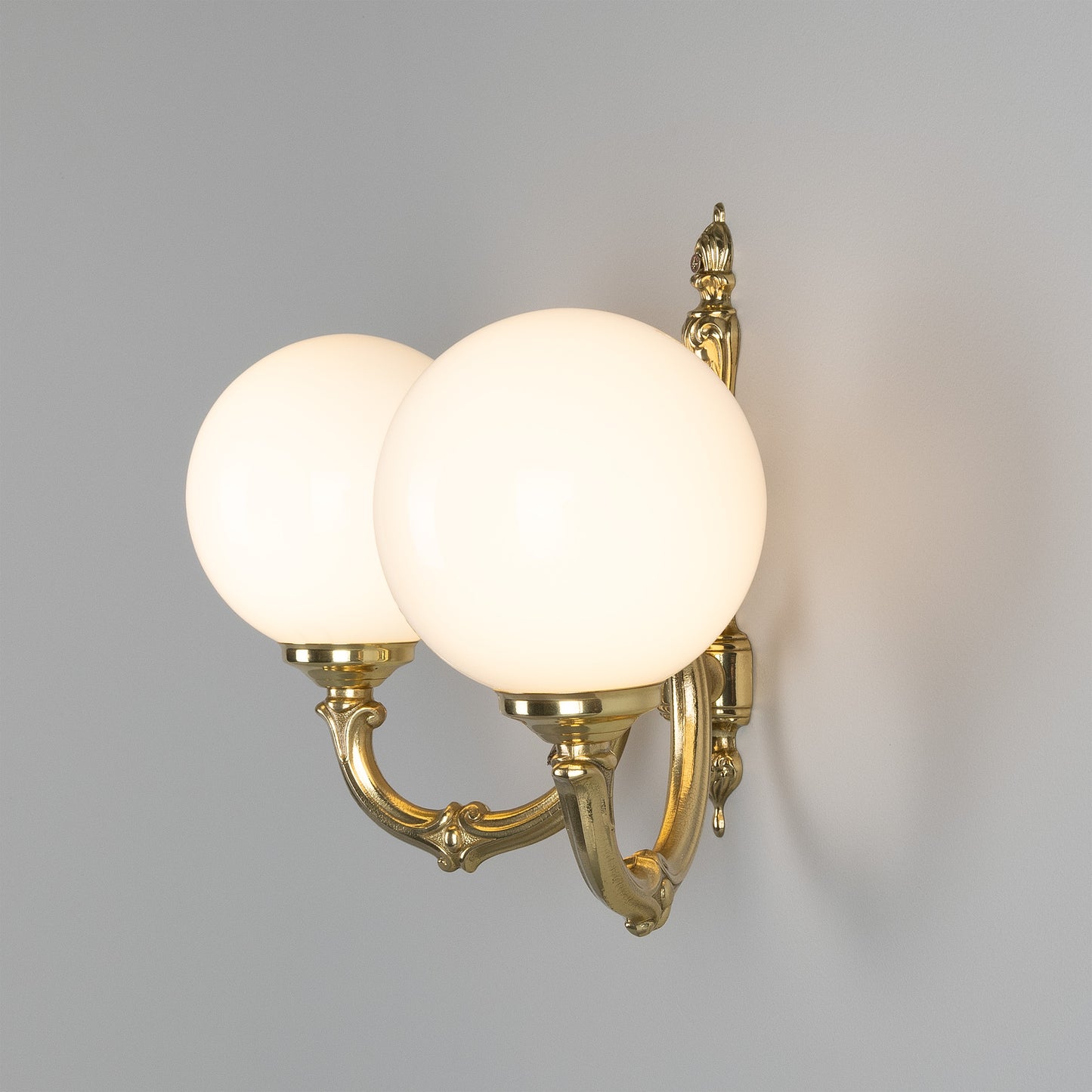 Ben Two-Arm Ornate Brass Wall Light with Opal Glass Globes