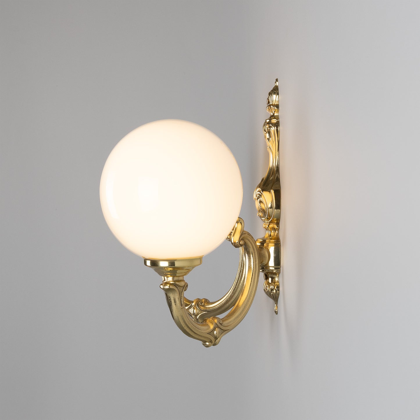 Ben Two-Arm Ornate Brass Wall Light with Opal Glass Globes