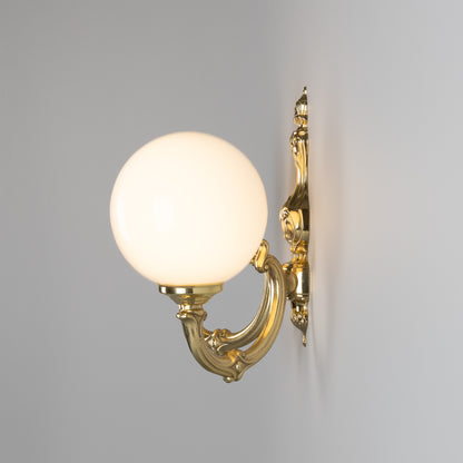 Ben Two-Arm Ornate Brass Wall Light with Opal Glass Globes