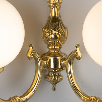 Ben Two-Arm Ornate Brass Wall Light with Opal Glass Globes