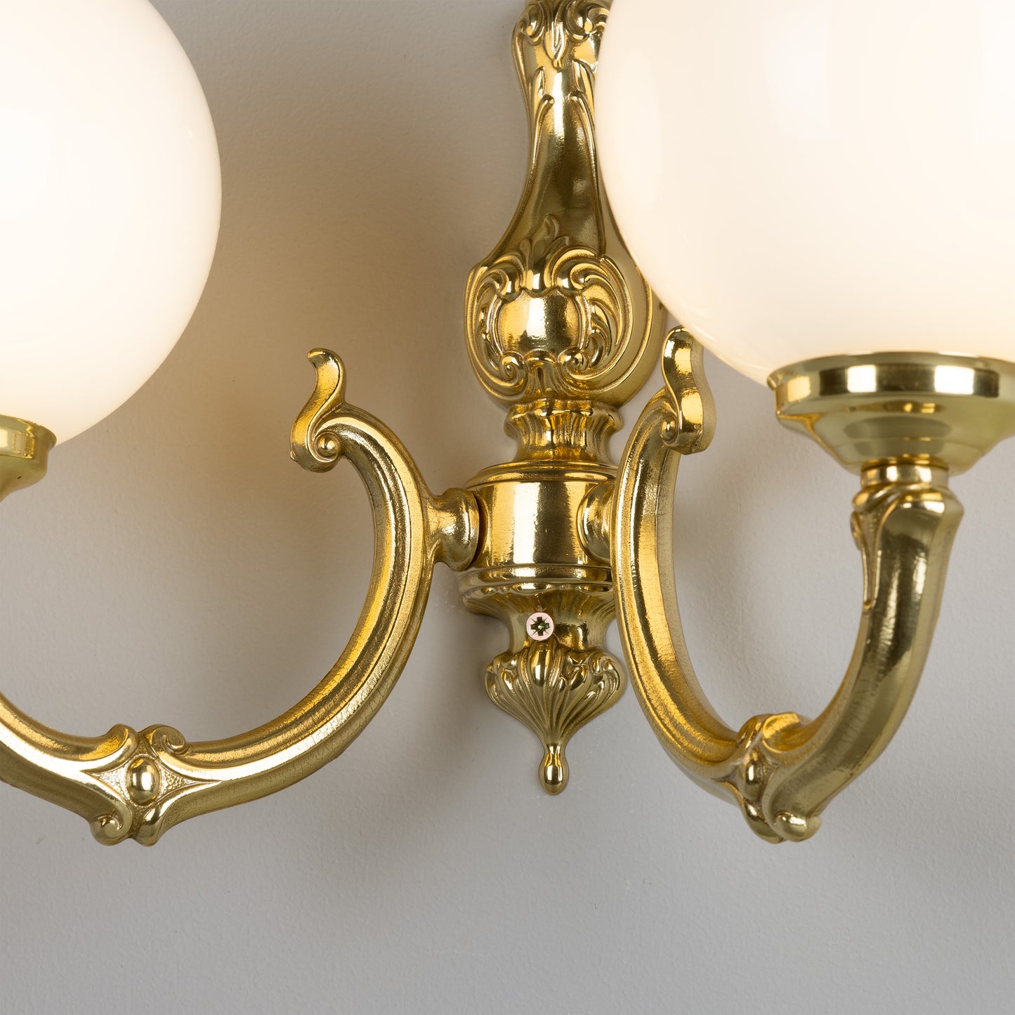 Ben Two-Arm Ornate Brass Wall Light with Opal Glass Globes
