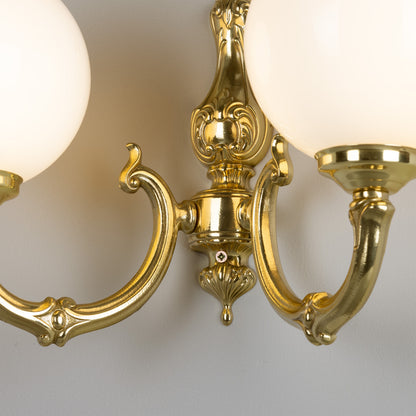 Ben Two-Arm Ornate Brass Wall Light with Opal Glass Globes