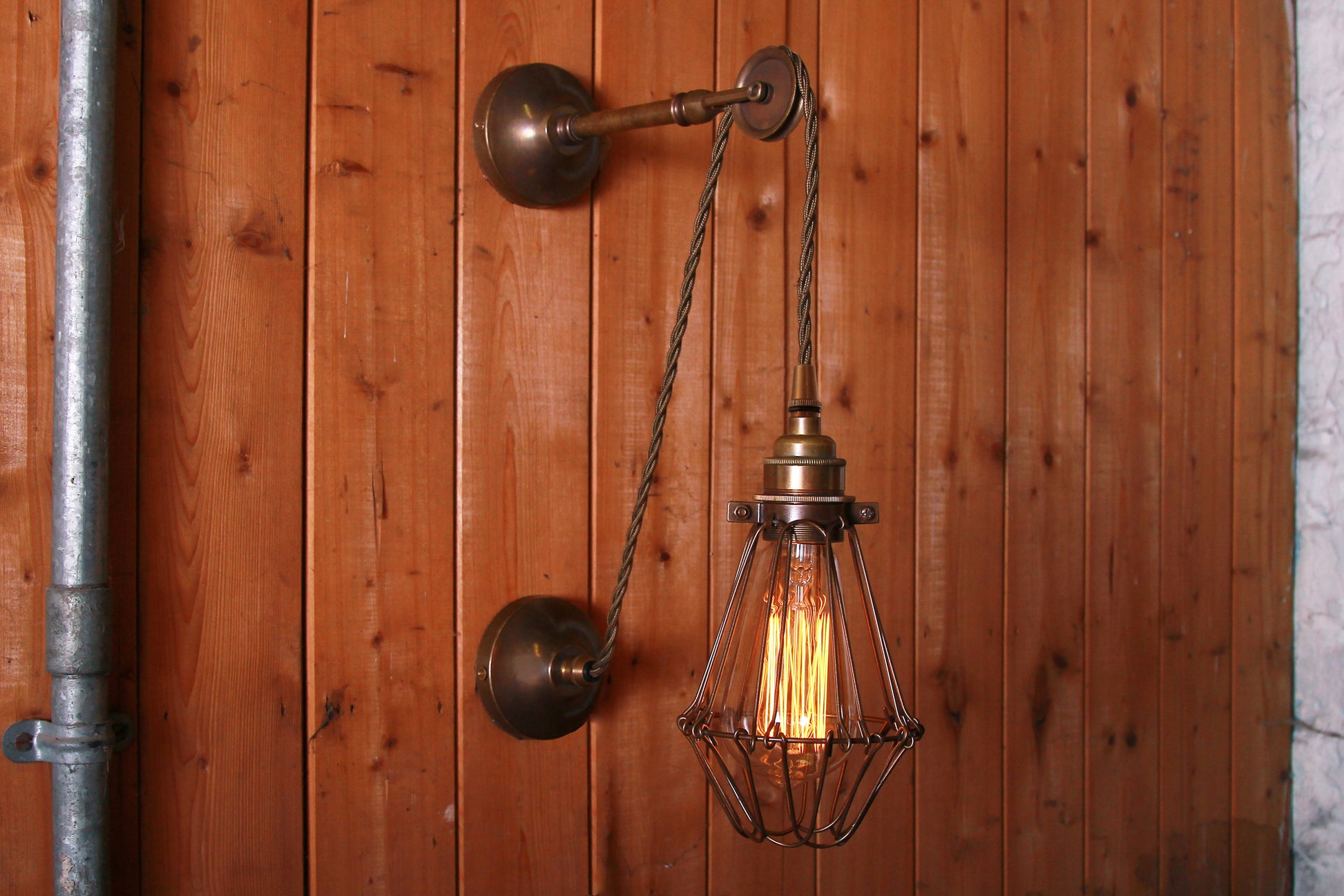 Mullan Lighting Apoch Vintage Pulley Cage Wall Light in Antique Brass