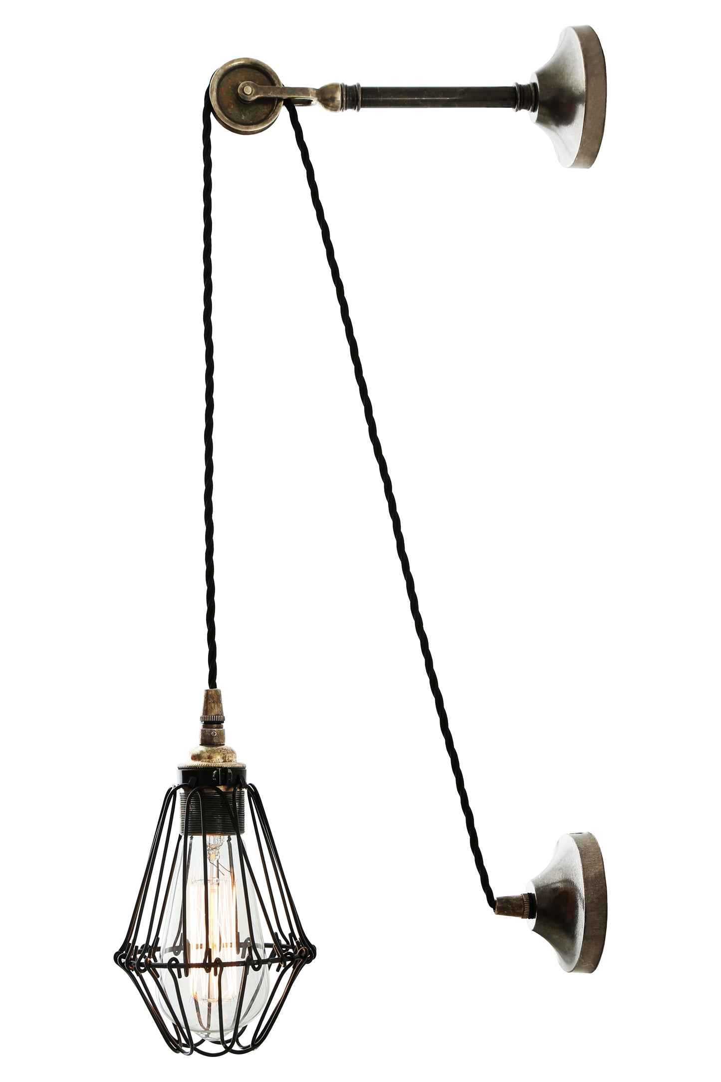 Mullan Lighting Apoch Vintage Pulley Cage Wall Light in Antique Silver