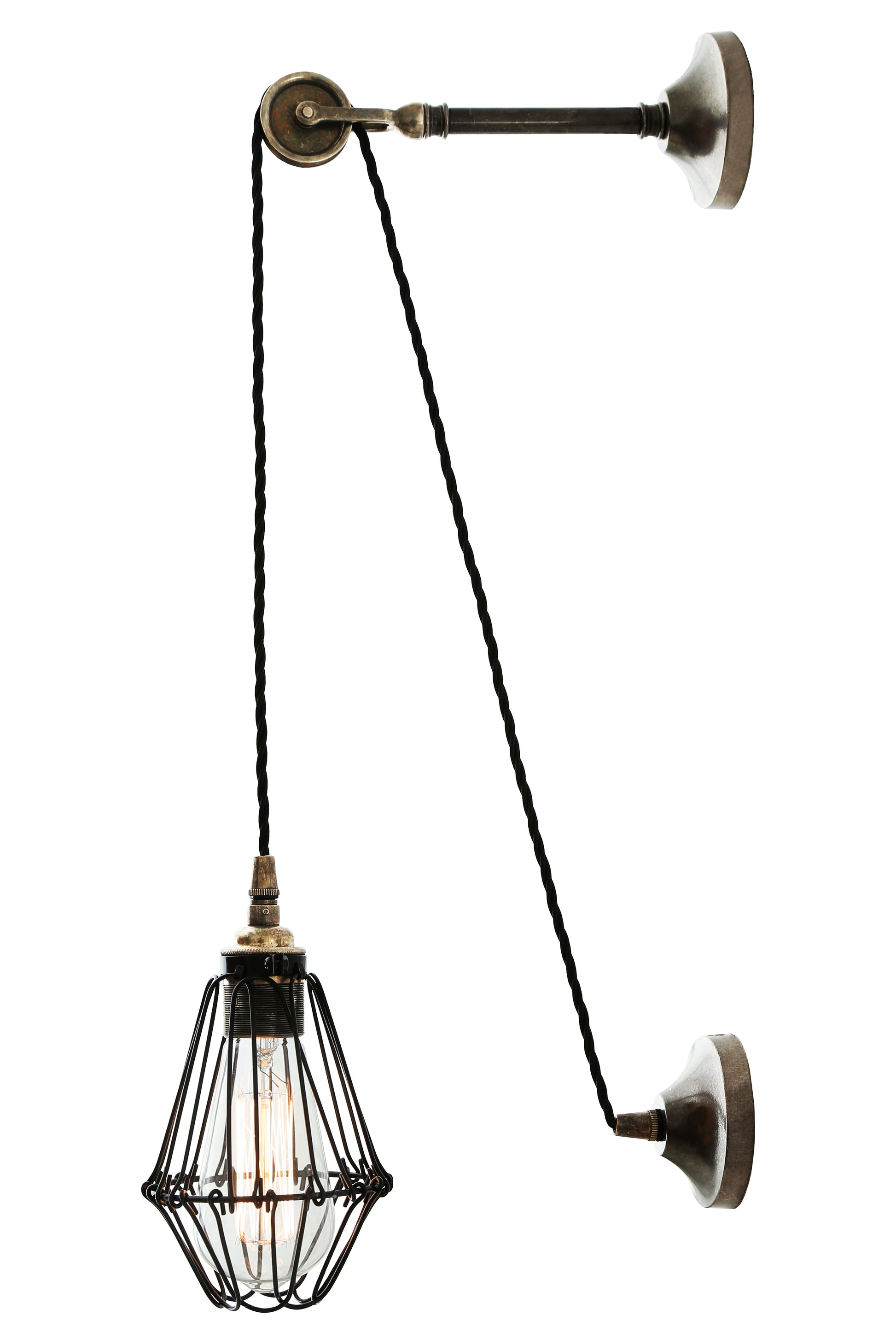 Mullan Lighting Apoch Vintage Pulley Cage Wall Light in Antique Silver