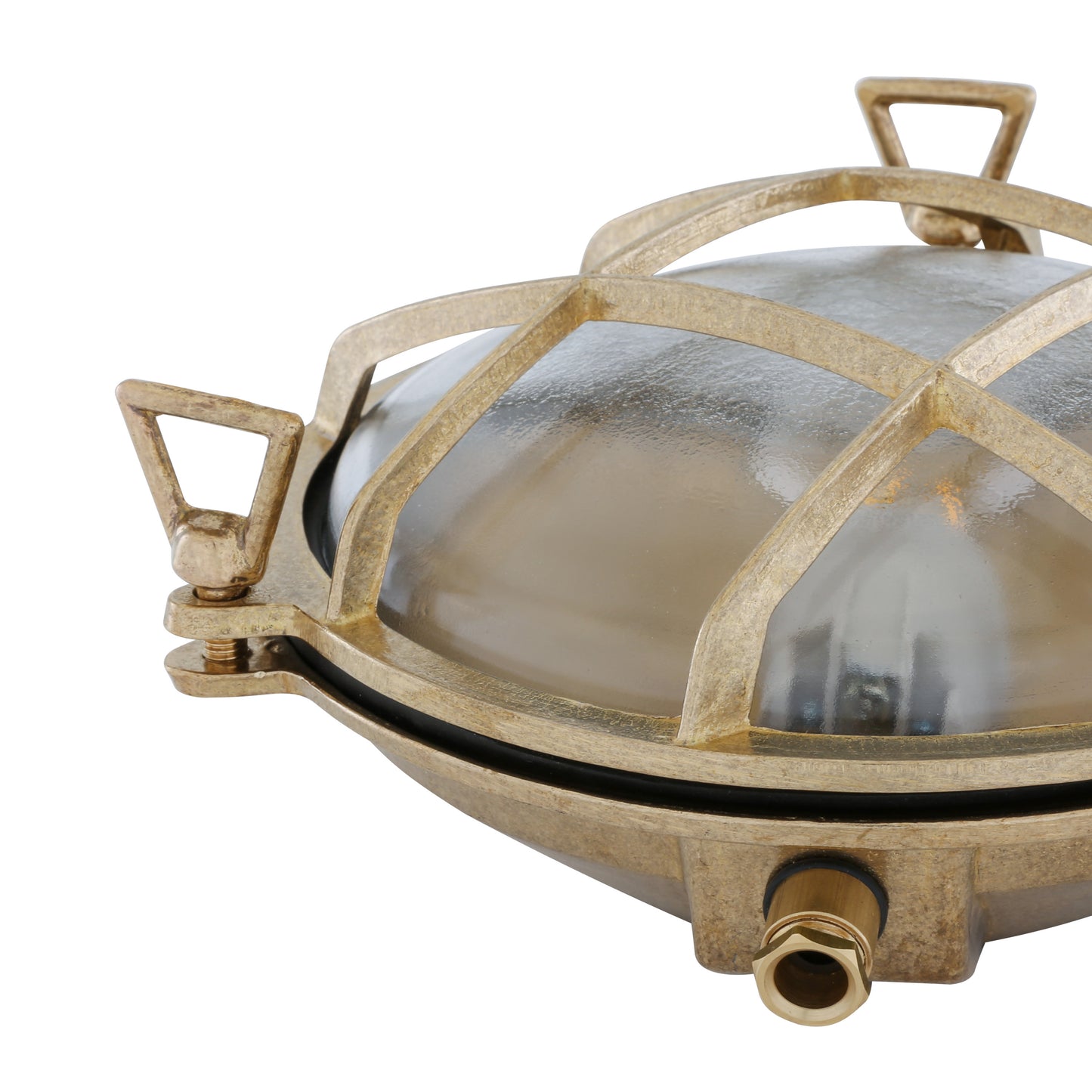 Side view of Mullan Lighting Adoo Nautical Bulkhead wall light in Natural Brass and clear Glass