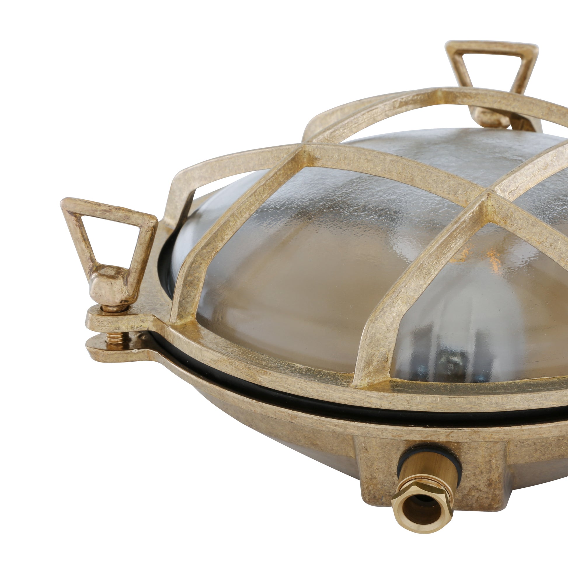 Side view of Mullan Lighting Adoo Nautical Bulkhead wall light in Natural Brass and clear Glass
