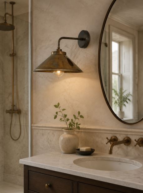 An industrial-style wall sconce with a bronze metal shade and adjustable arm, mounted on a beige textured bathroom wall above a marble vanity with a round mirror.