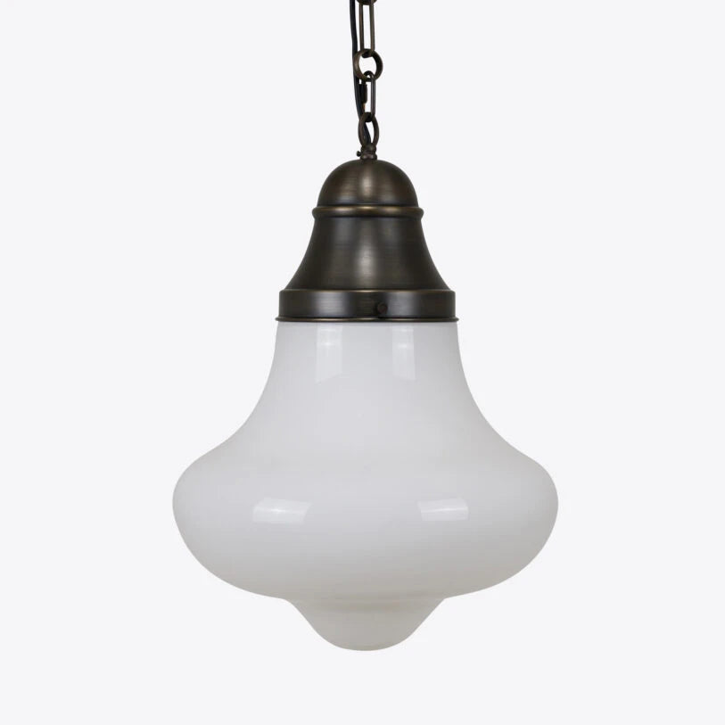 Vintage-style pendant light with white glass shade and bronze fixture on a white background