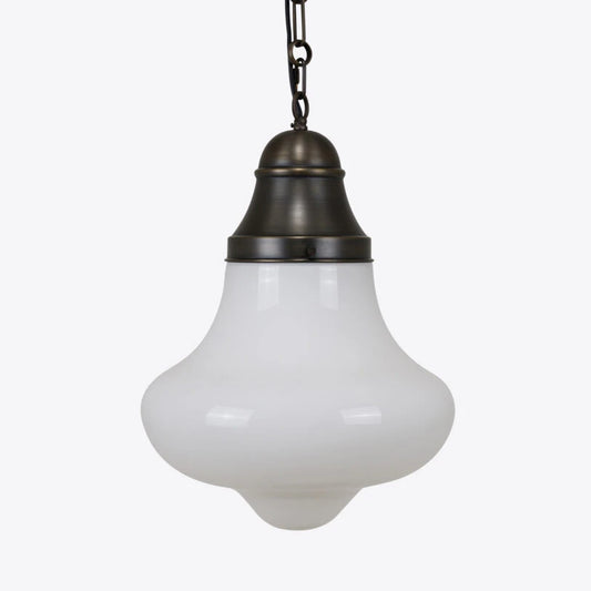 Vintage-style pendant light with white glass shade and bronze fixture on a white background