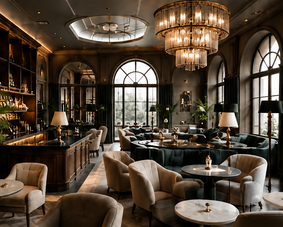 A luxury interior design photograph of a grand, elegant bar and lounge with high arched windows, warm glowing chandeliers, plush velvet armchairs, and a dark wood bar.